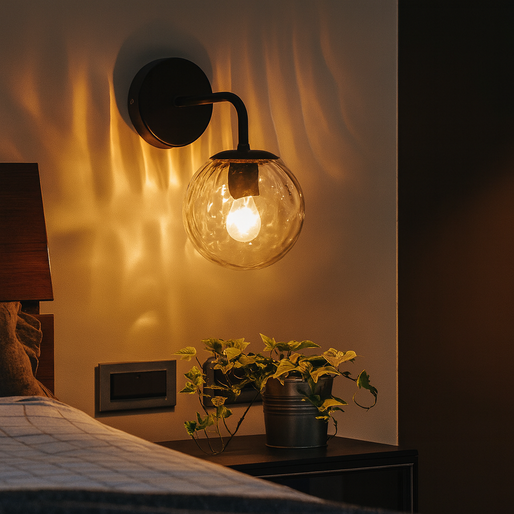 Modern Textured Glass Globe Wall Light – Iron Frame – Bedroom Lounge