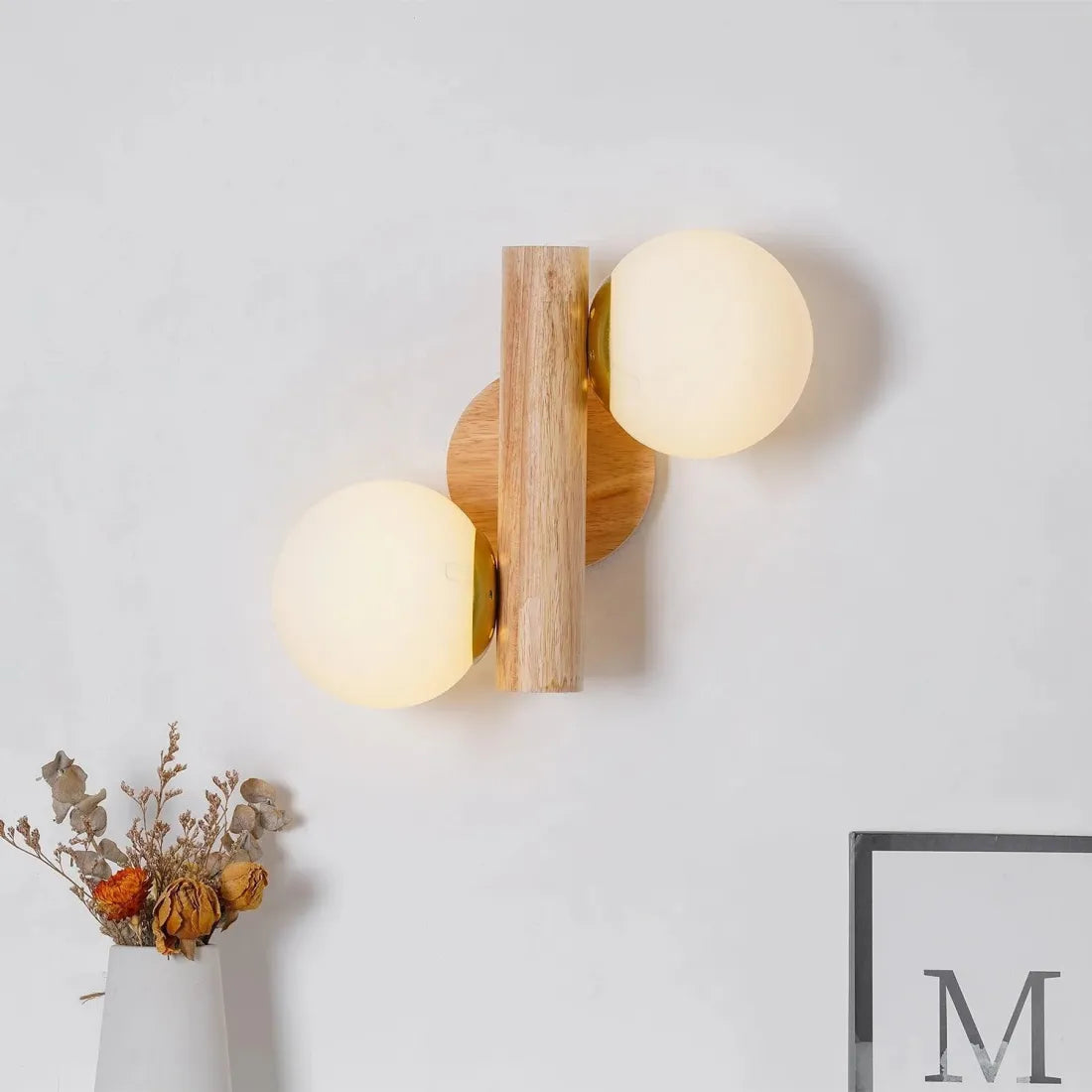 Modern Wooden Wall Light – LED Glass Globe Sconce for Bedroom & Hallway