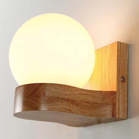 Oak Wood Wall Sconce – Frosted Glass Globe LED – Bedroom Bedside