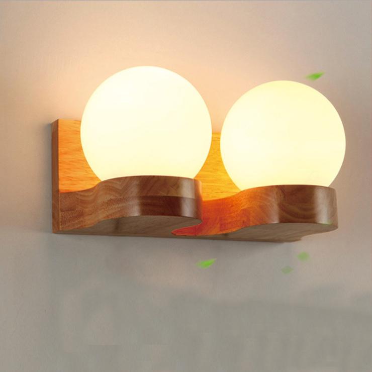 Oak Wood Wall Sconce – Frosted Glass Globe LED – Bedroom Bedside