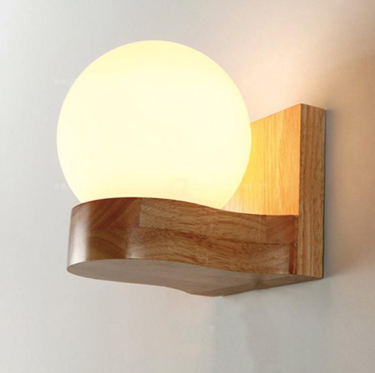 Oak Wood Wall Sconce – Frosted Glass Globe LED – Bedroom Bedside