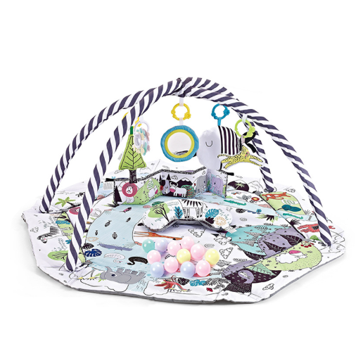 Monochrome safari baby gym with zebra-patterned arches