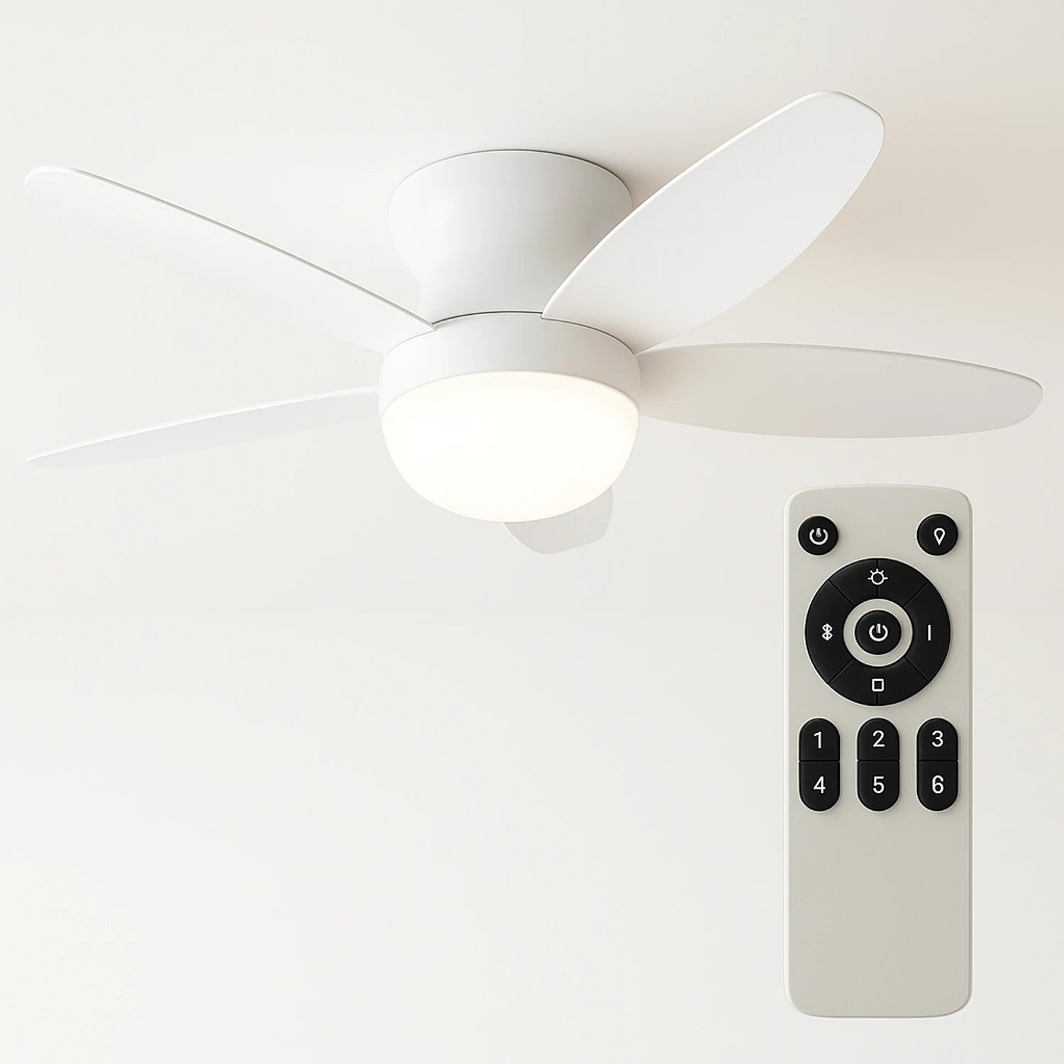 36 inch ceiling fan light with 5 plastic blades, dimmable LED bulbs, 6 speeds, and remote control, ideal for living and dining rooms.