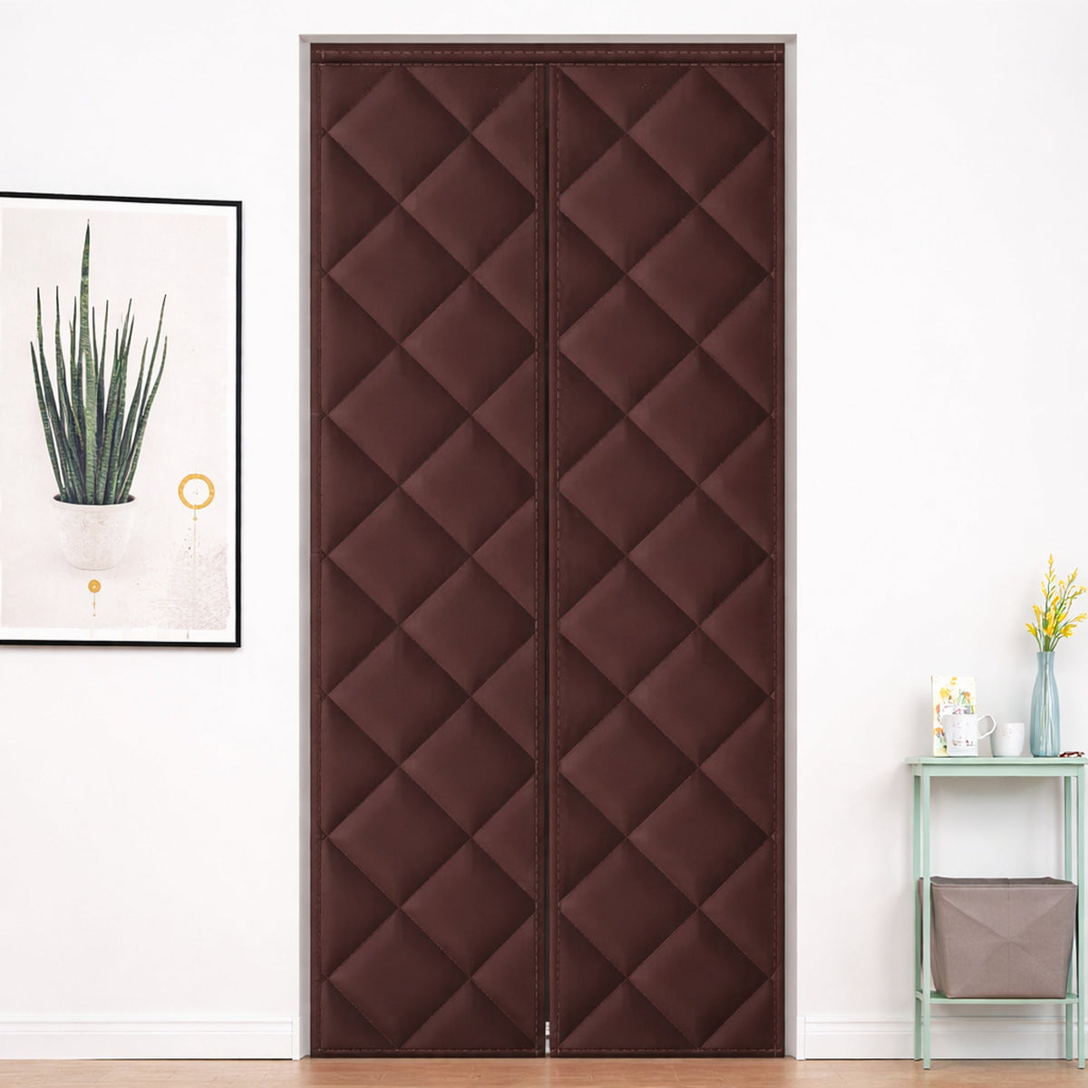 Brown quilted door curtain displayed closed