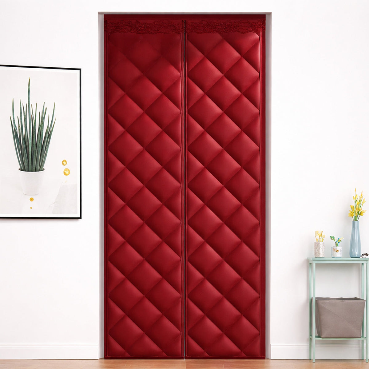 Red quilted door curtain shown as a gallery example