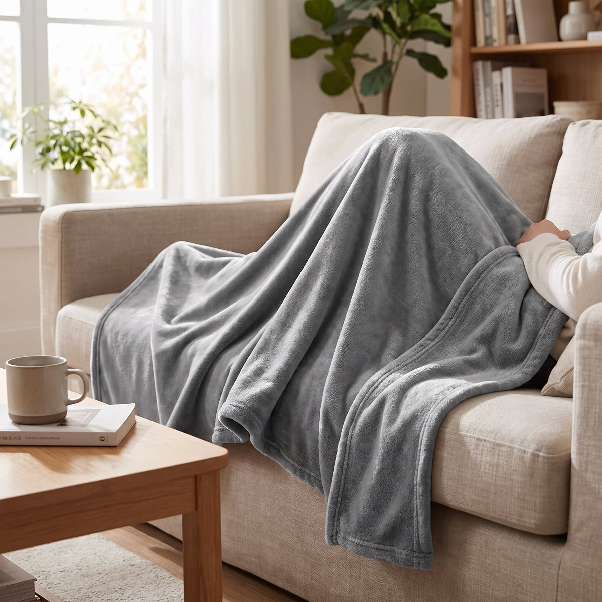 Grey fleece throw covering a seated person on a sofa