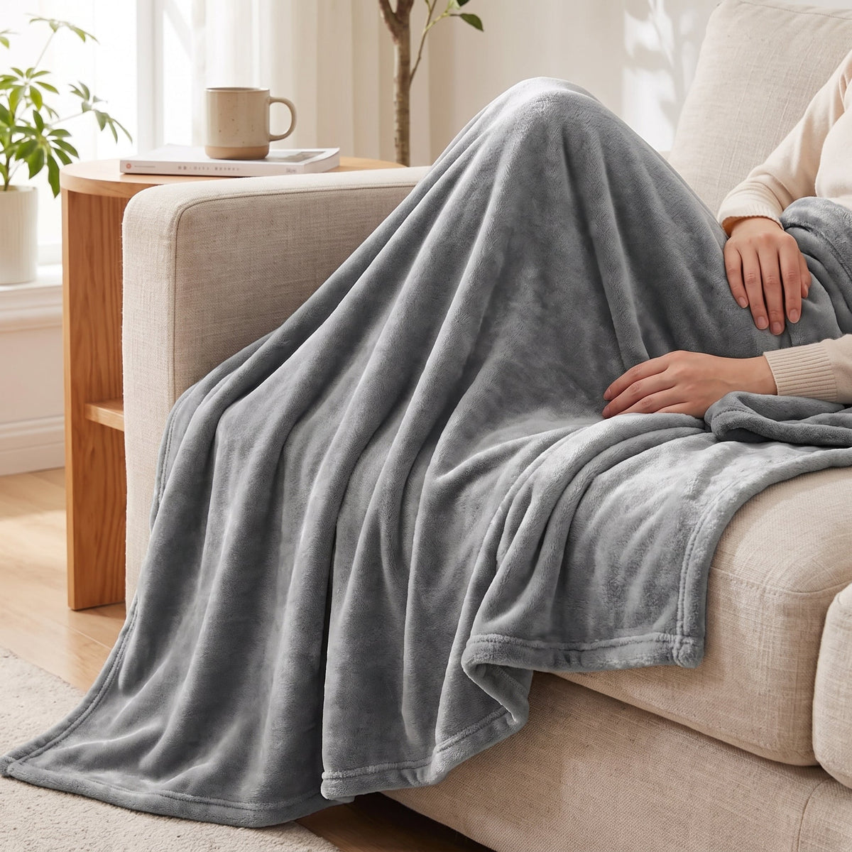 Grey fleece blanket draped over the legs on a sofa