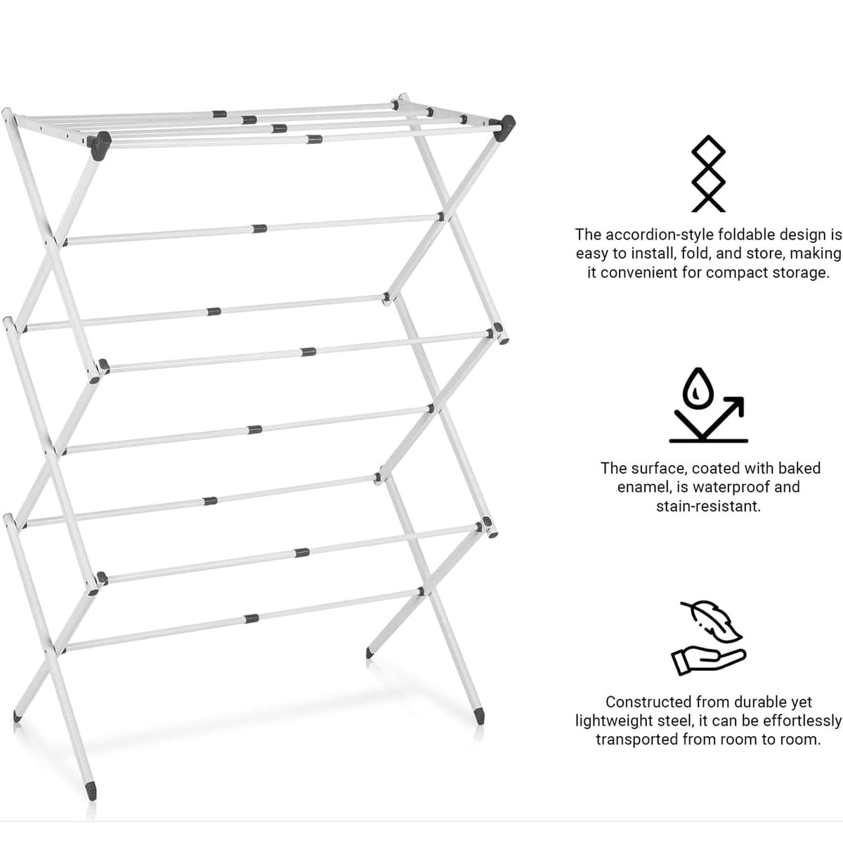 Steel drying rack construction and baked enamel finish graphic