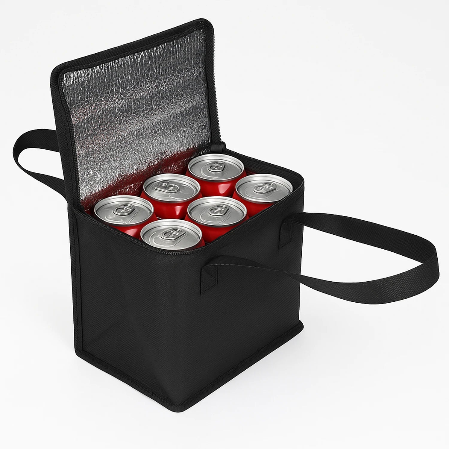 Black foldable insulated thermal food bag with aluminium foil lining, zipper closure, and handles, ideal for lunches, groceries, and picnics.