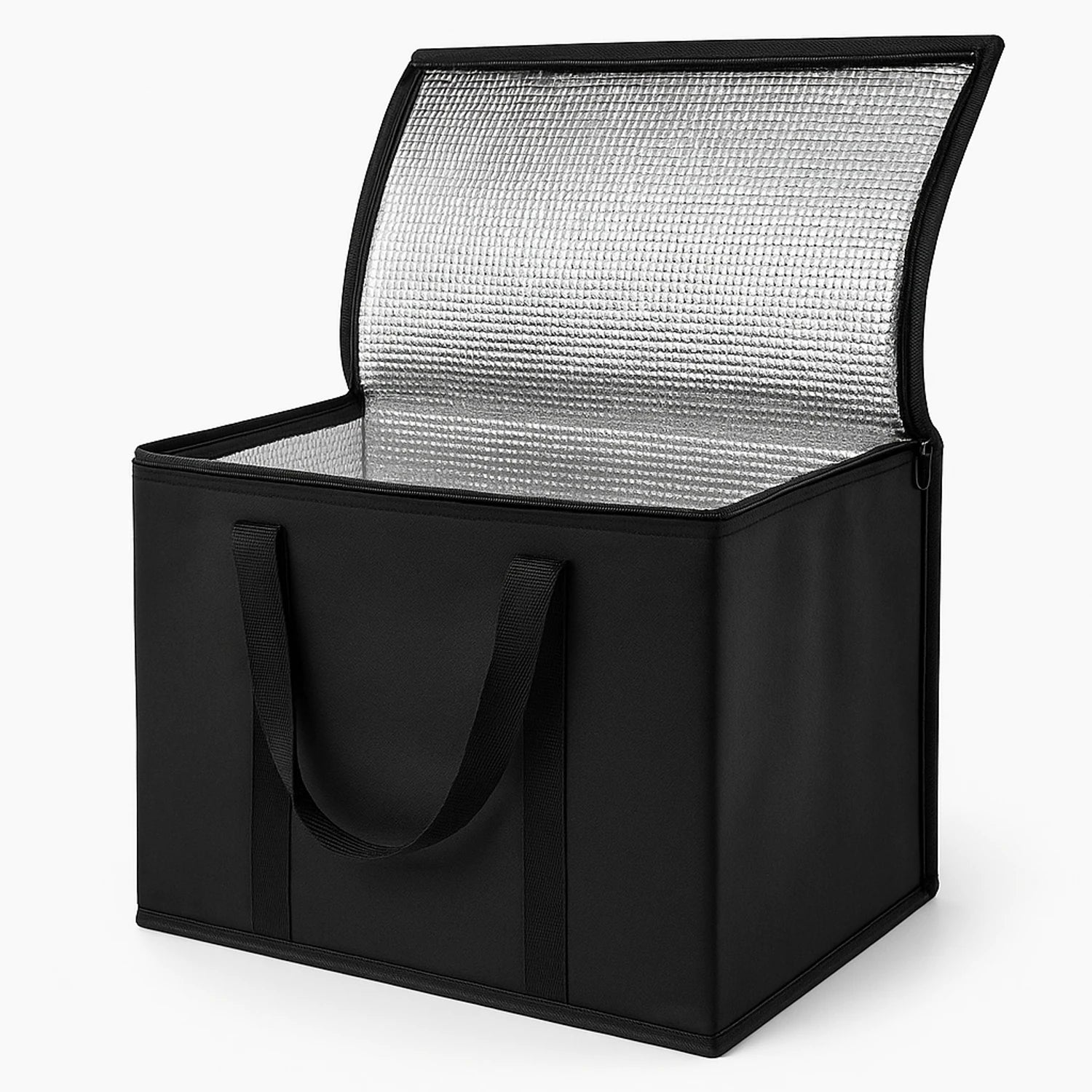Foldable black insulated thermal food bag with aluminium foil lining, zipper closure, and sturdy handles for lunch, groceries, and picnics, large size.