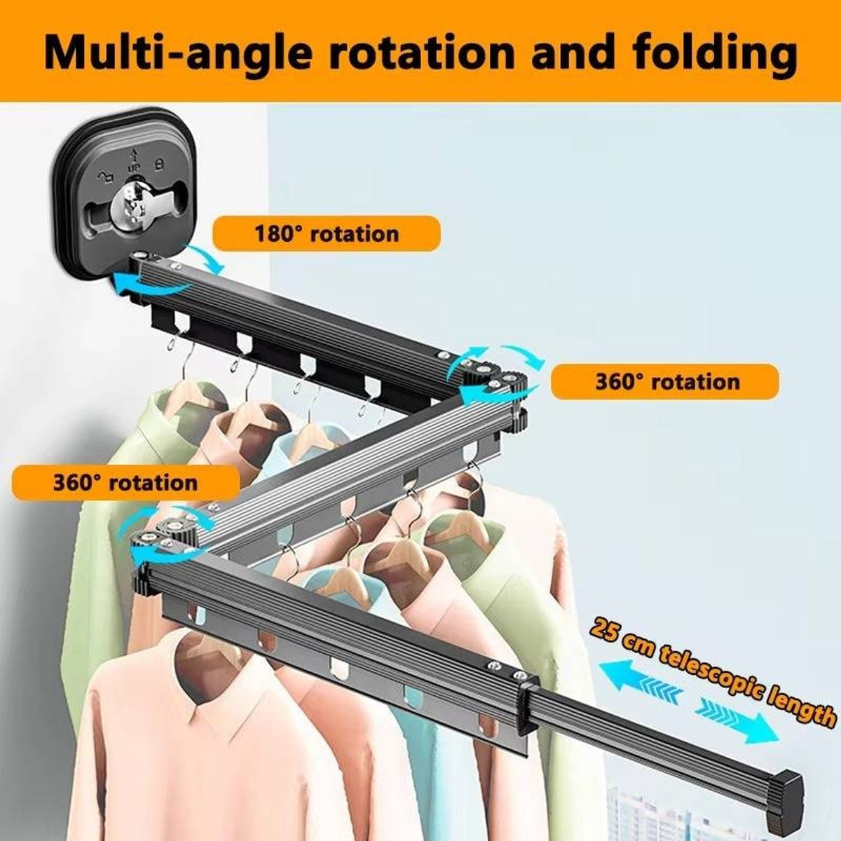 Grey drying rack rotation and folding angle diagram