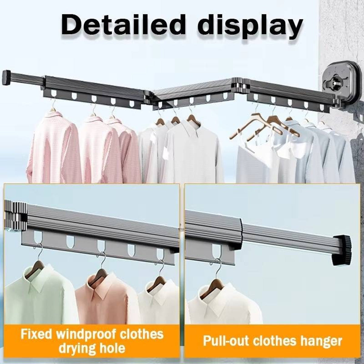Joint and extending arm details on a suction-mounted airer