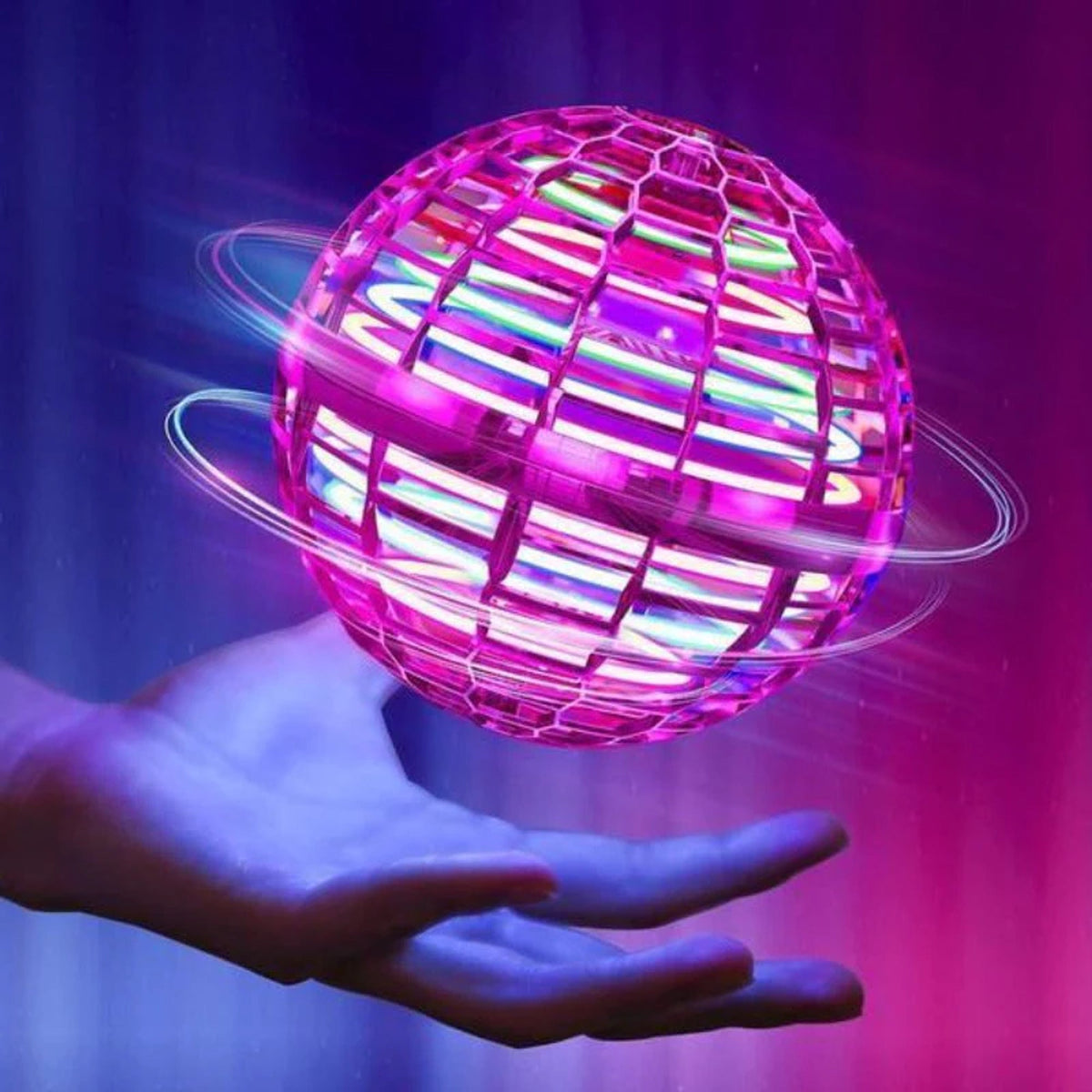 Purple flying sphere with illuminated internal components
