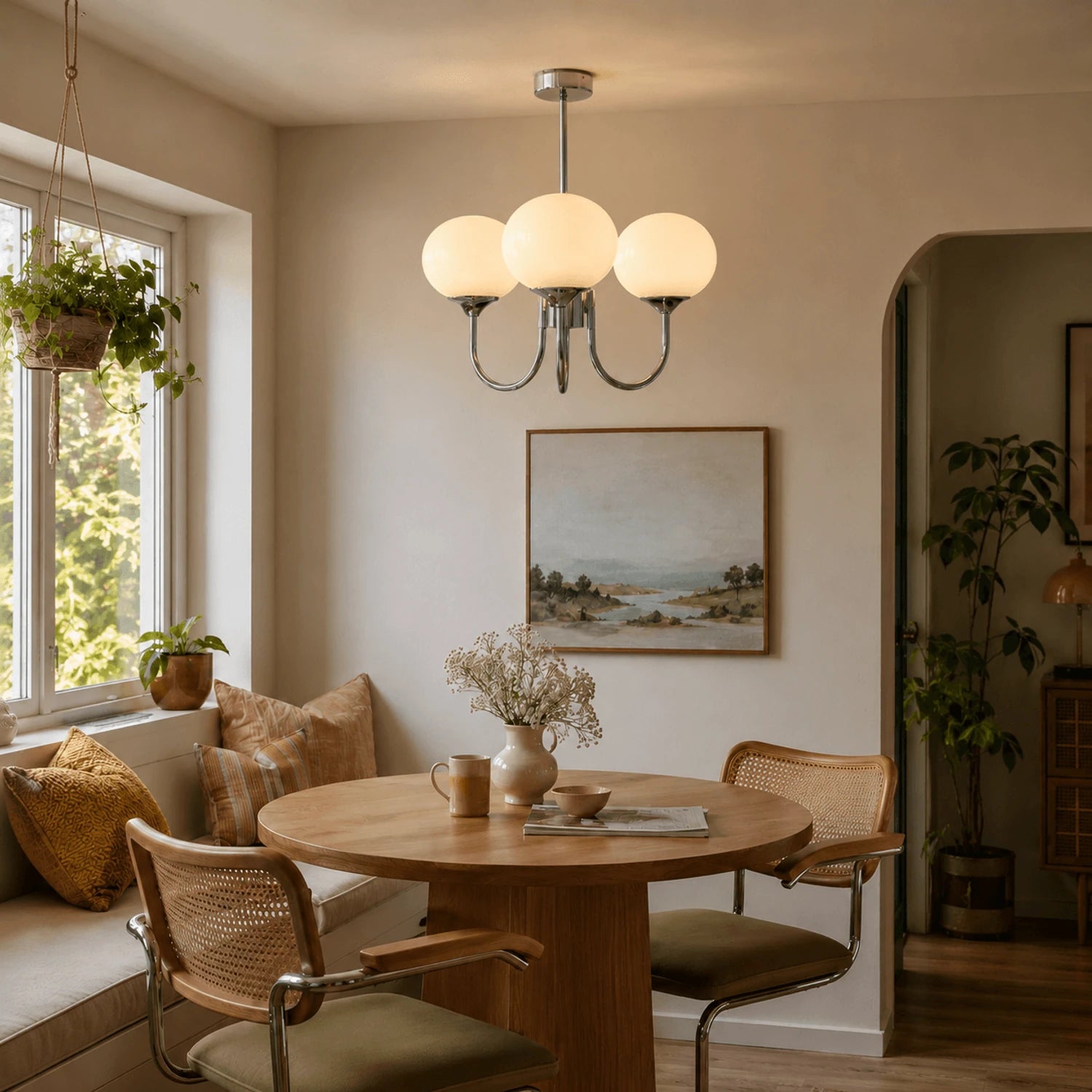 Modern glass ball pendant light with metal finish, suitable for living rooms and bedrooms, available in 3 or 5 light configurations.