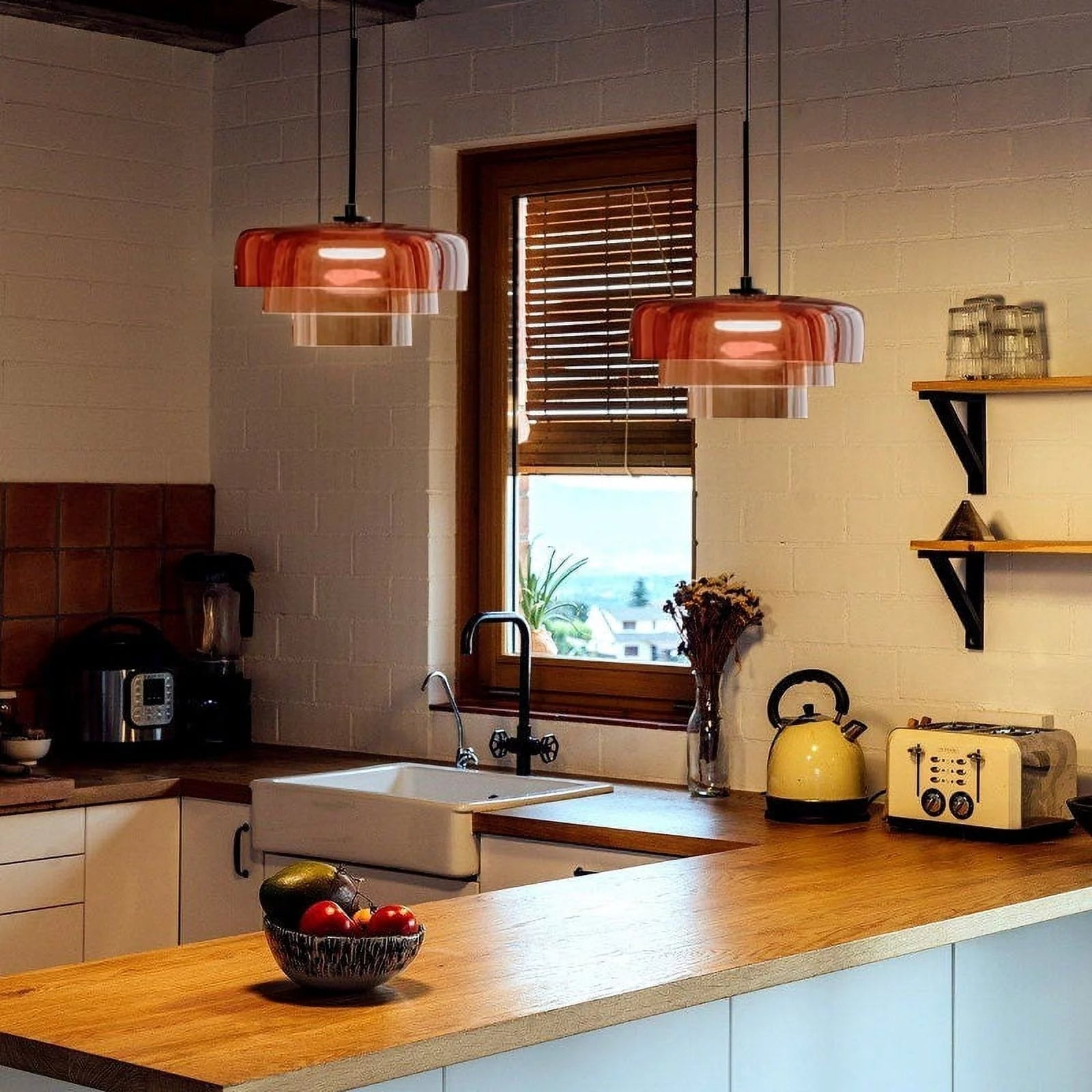Handcrafted Adjustable Cord Glass Orange Green Gray Ceiling Light