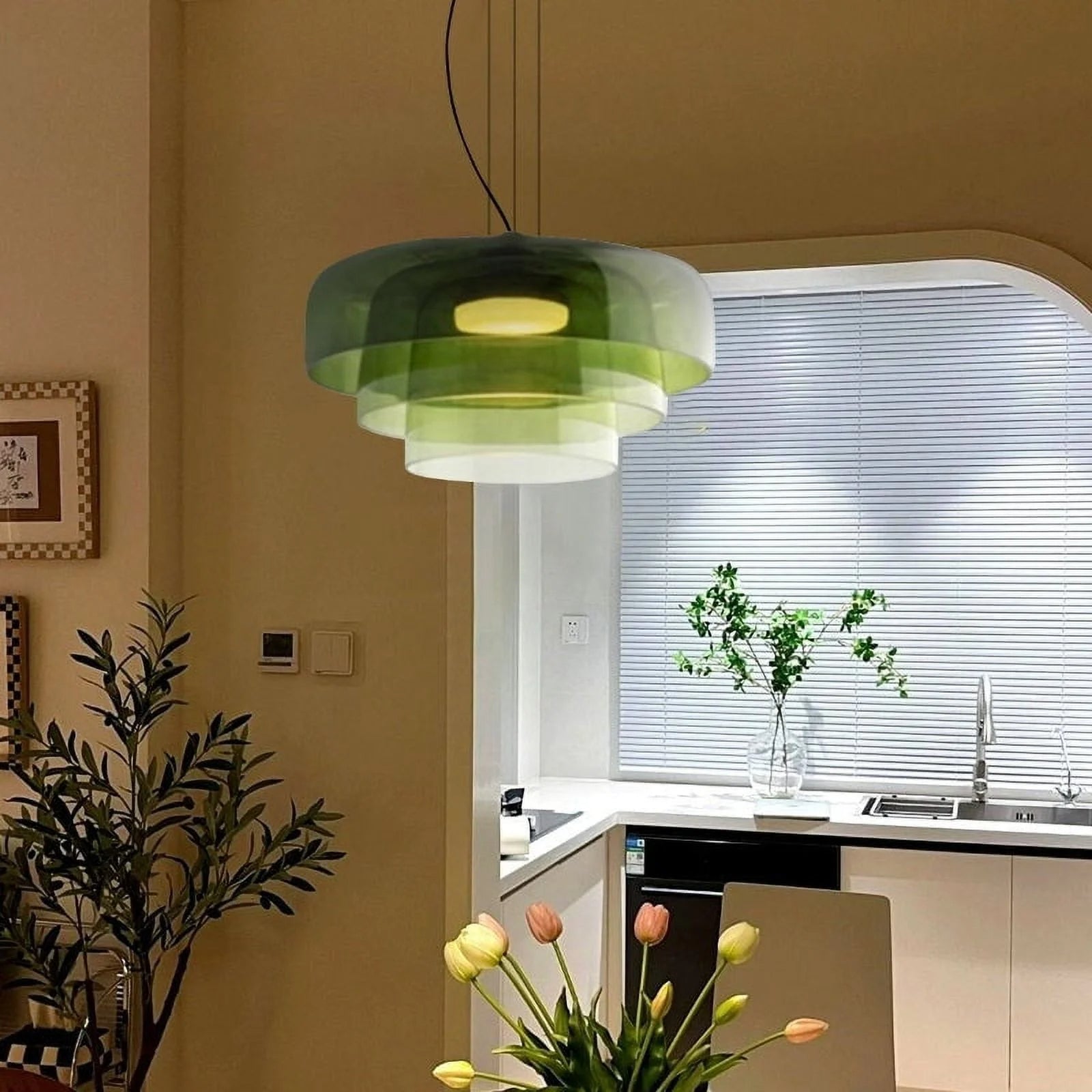 Handcrafted Adjustable Cord Glass Orange Green Gray Ceiling Light