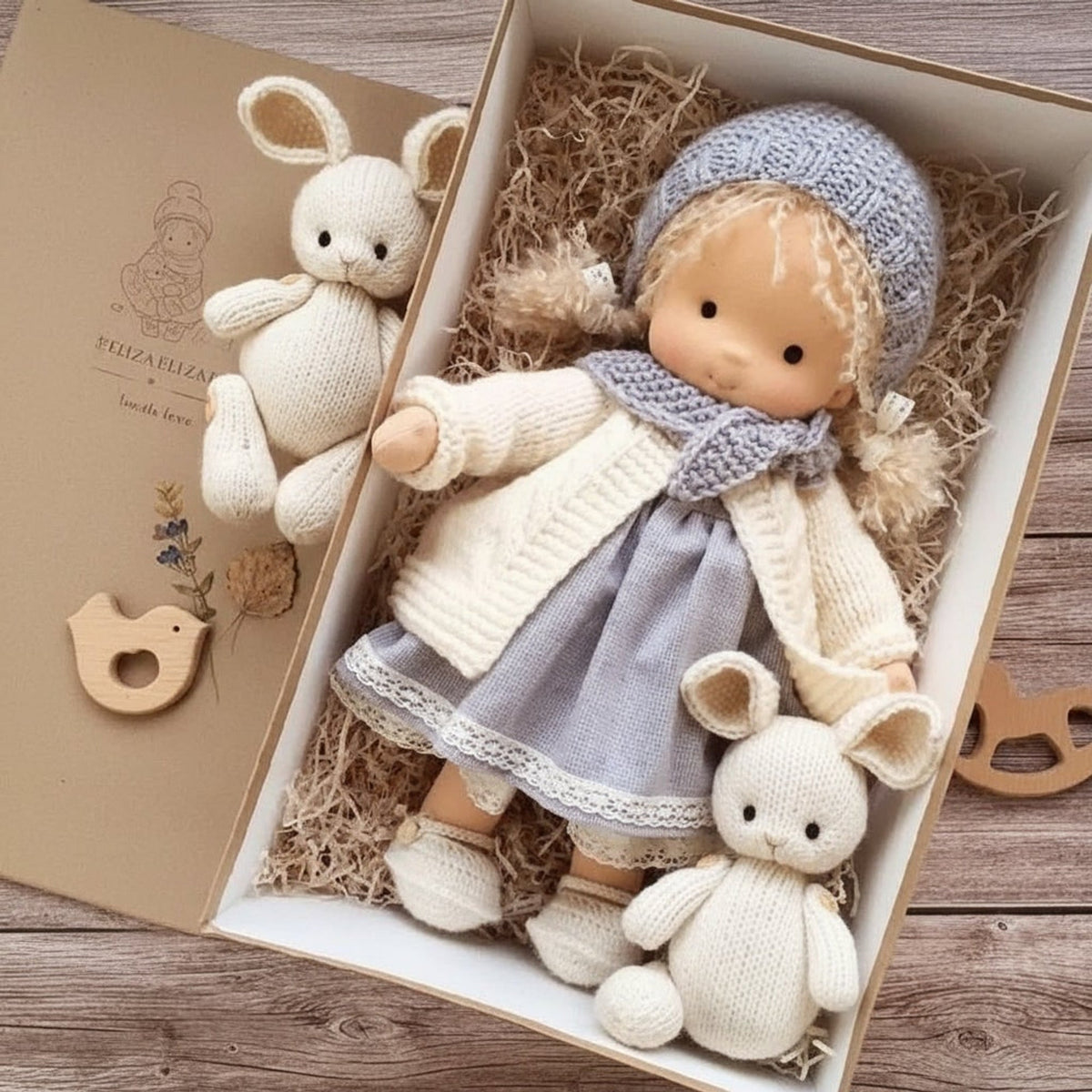 Blonde cloth doll in blue hat and scarf with cream cardigan