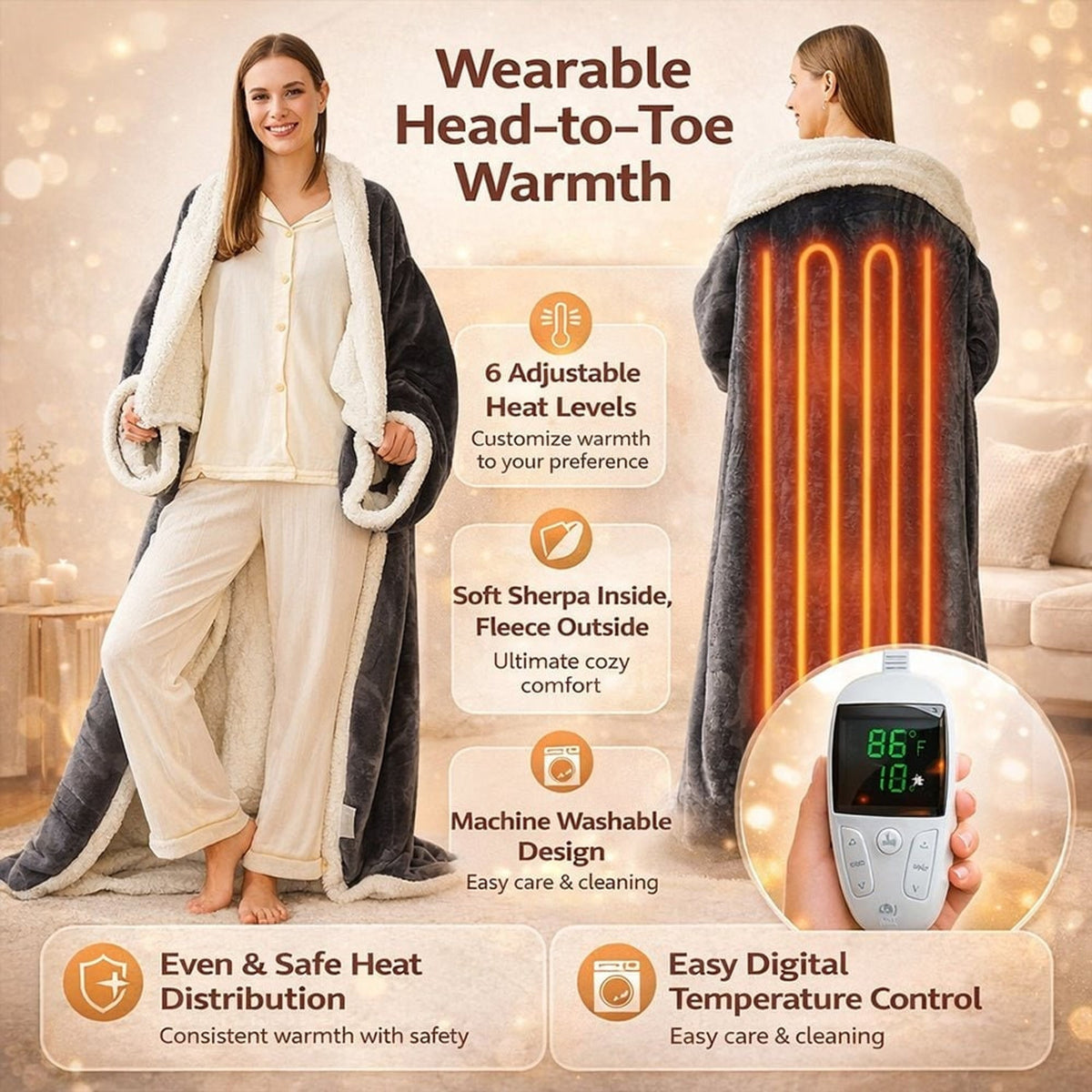 Wearable sherpa fleece blanket with illustrated heat settings and controller
