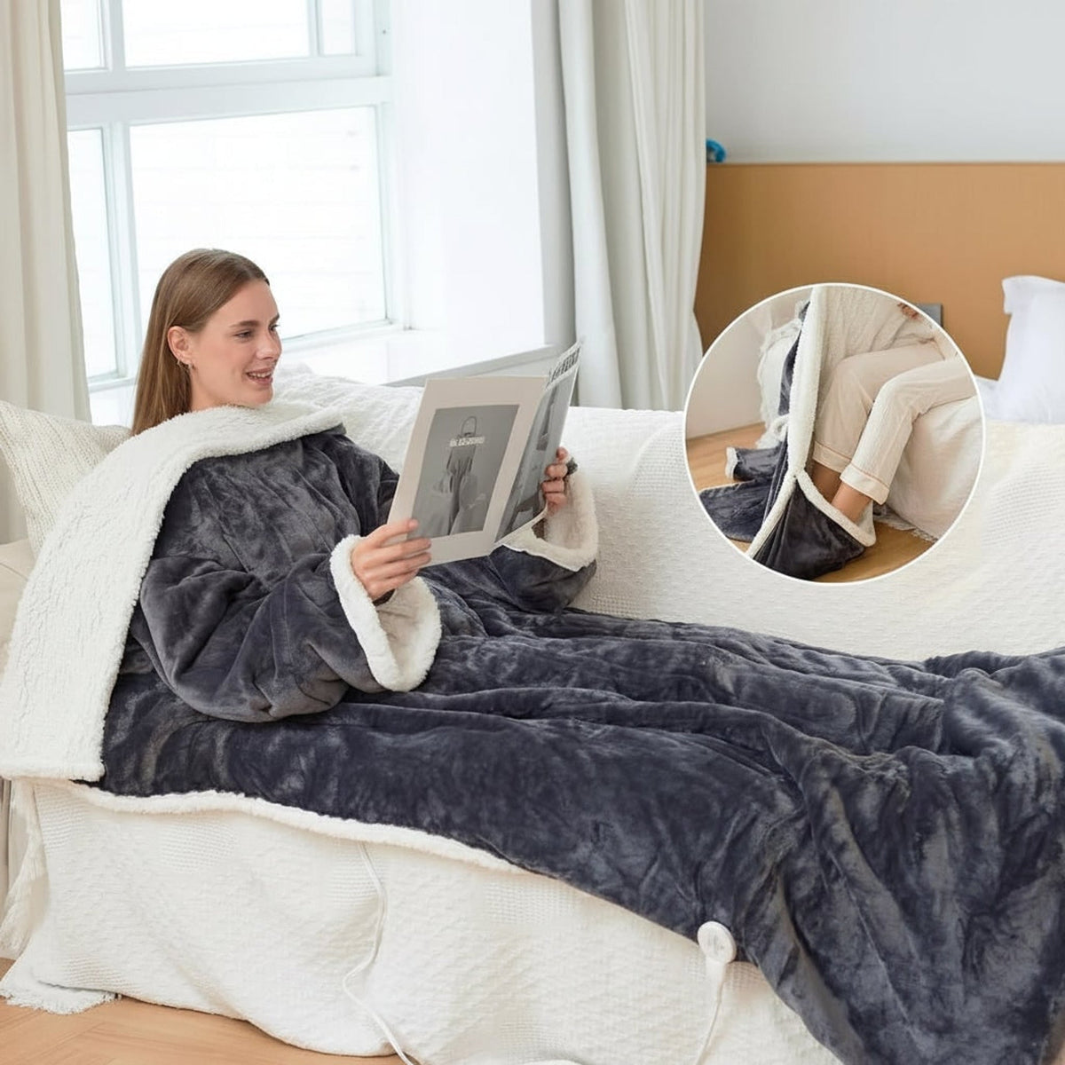 Sleeved heated blanket with close-up of foot pocket