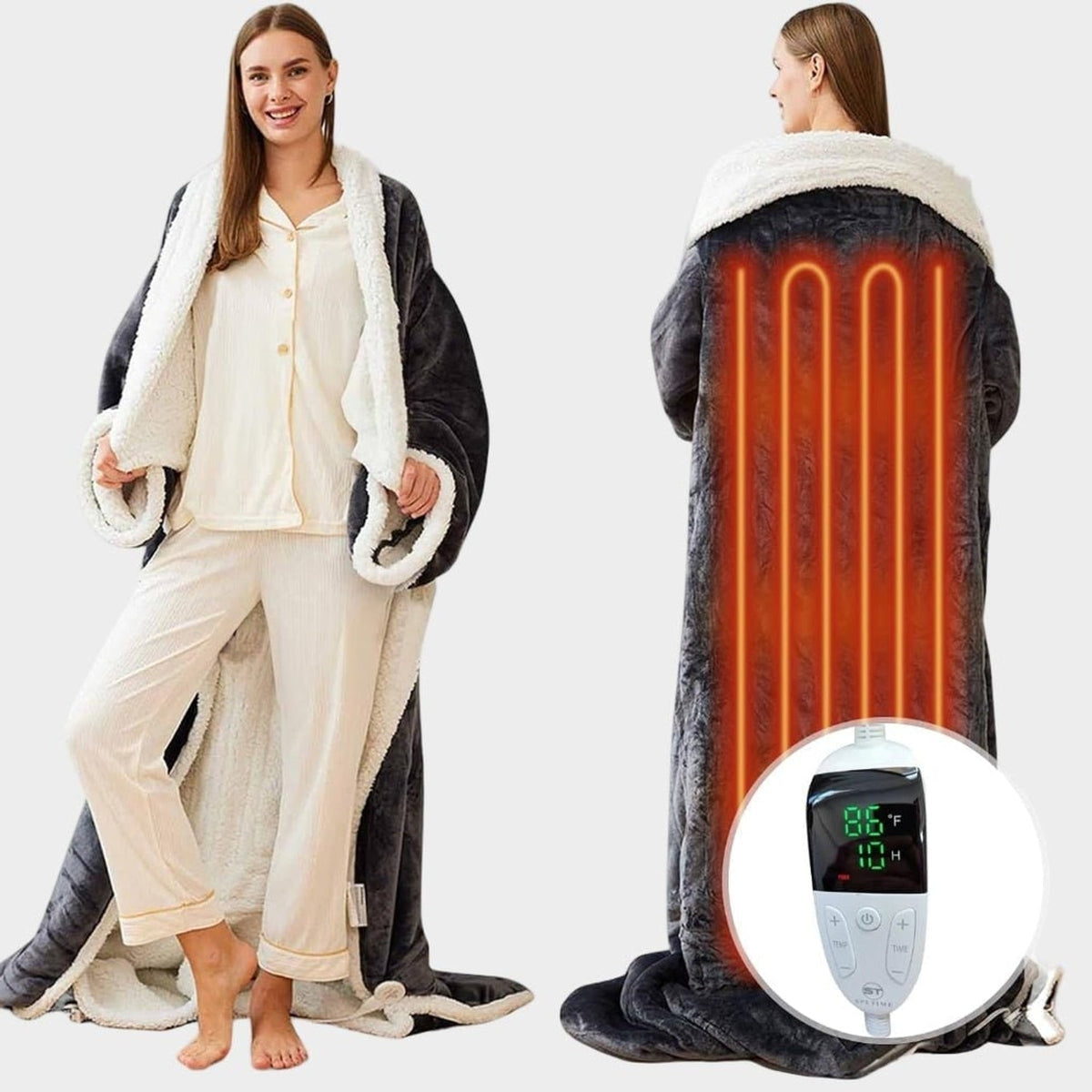 Front and back views of heated wrap with heating illustration