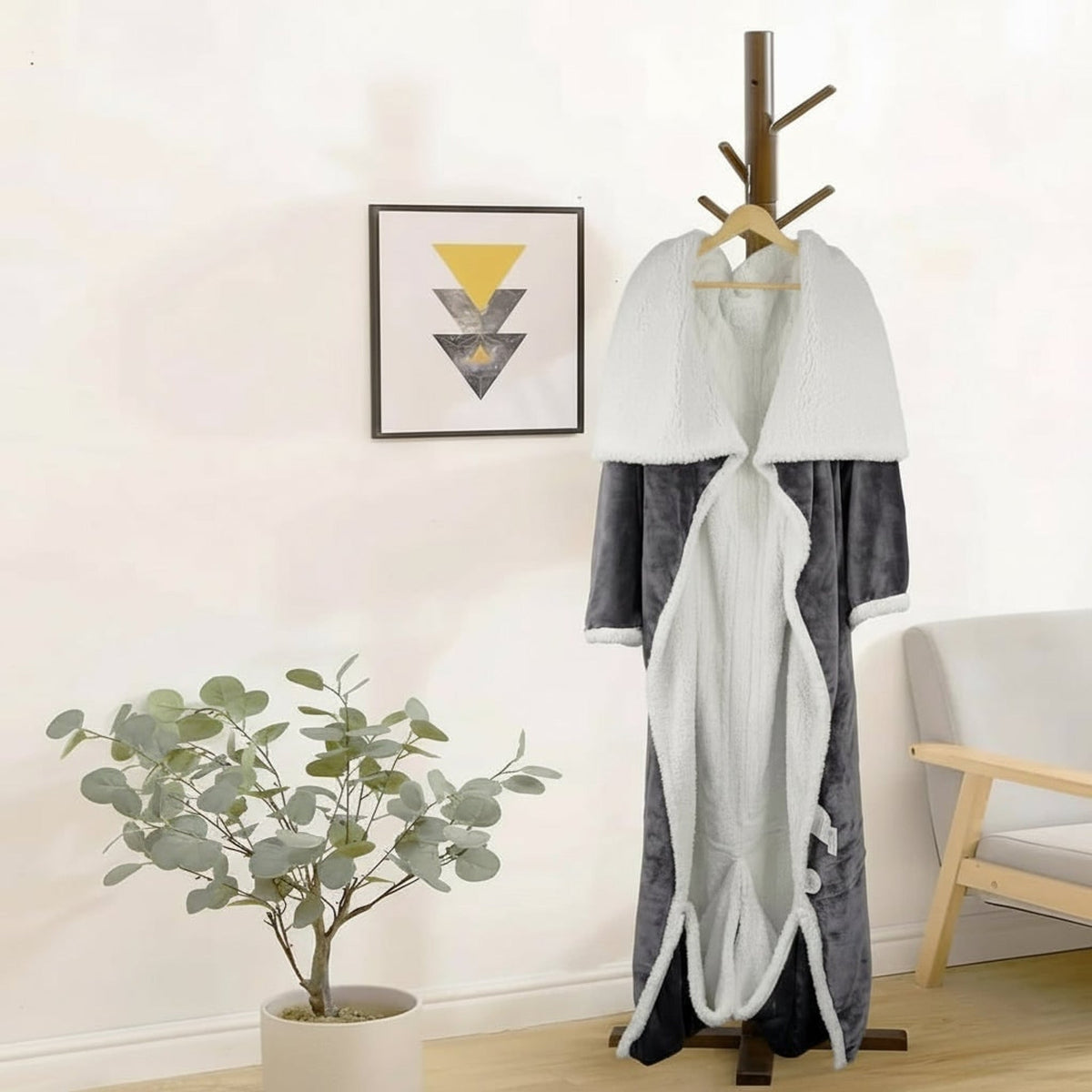 Grey fleece and white sherpa wearable blanket hanging open