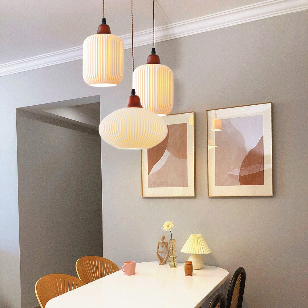 Modern Japandi Ceramic Pendant Light - Ribbed Shade