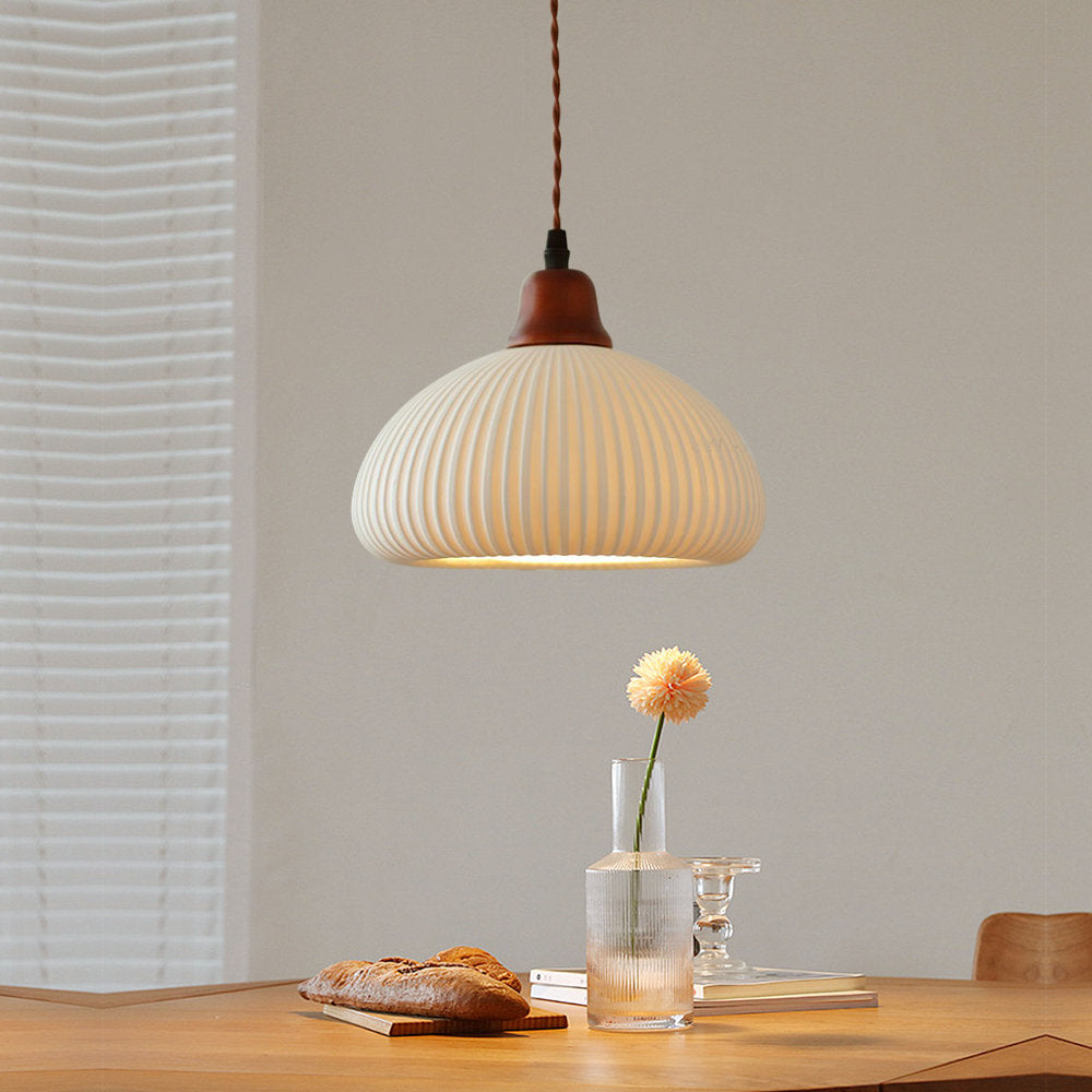 Modern Japandi Ceramic Pendant Light - Ribbed Shade