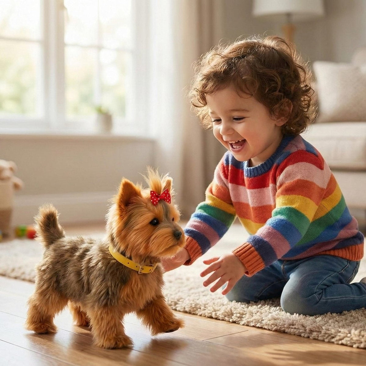 Child playing beside a brown plush robot puppy