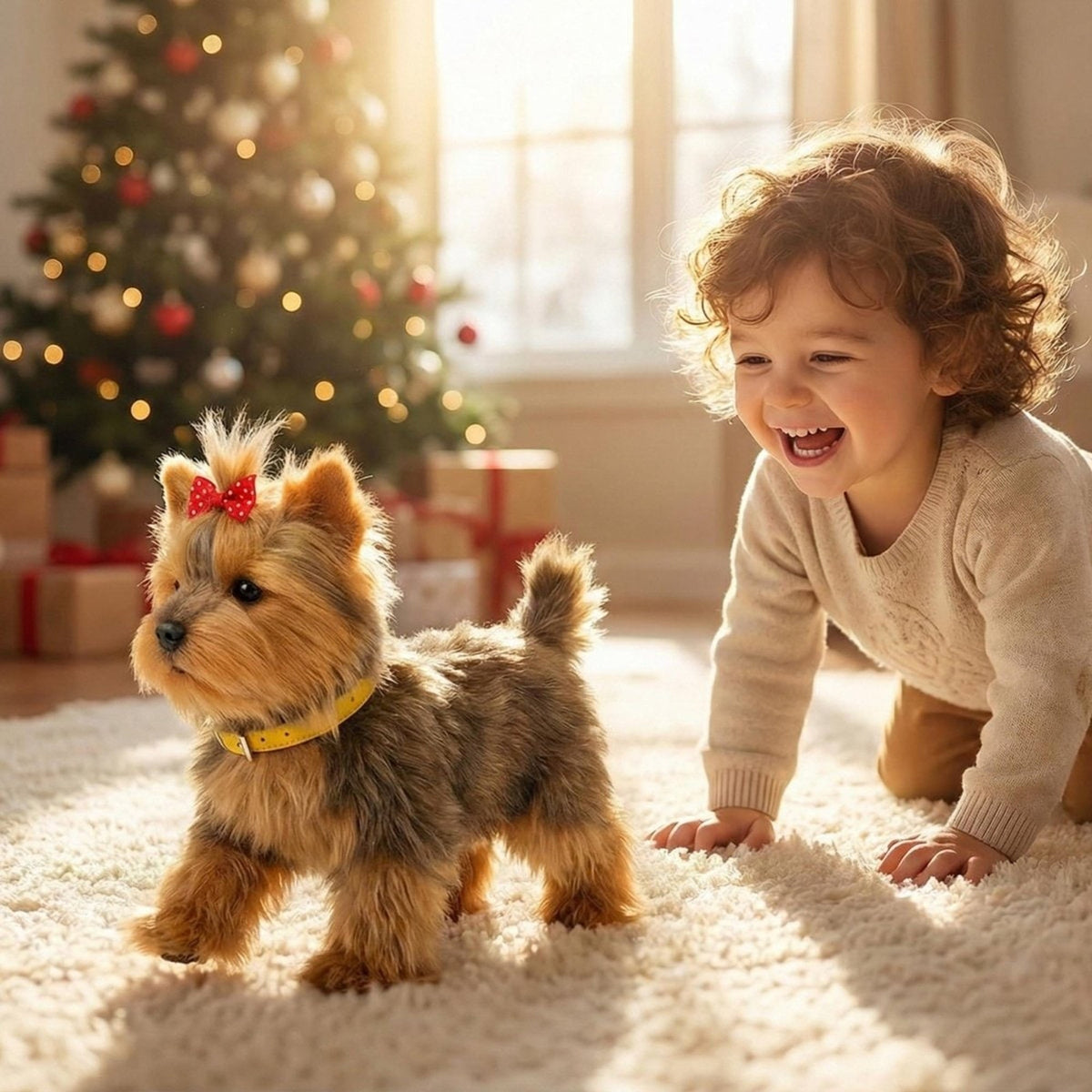 Brown toy puppy with yellow collar and red hair bow