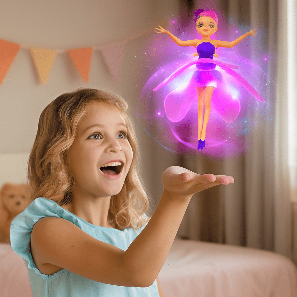 Pink fairy flying above a child’s hand indoors