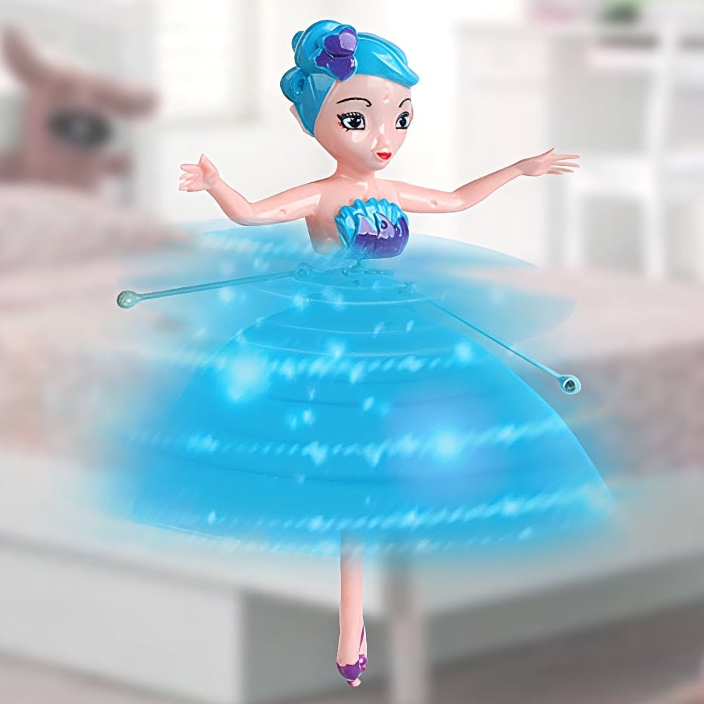 Blue fairy flying with illuminated rotating wings