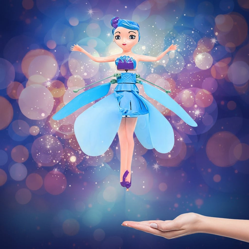 Blue LED fairy toy hovering above a hand