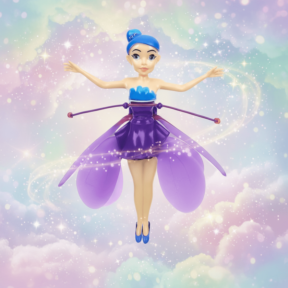 Purple flying fairy with petal wings extended