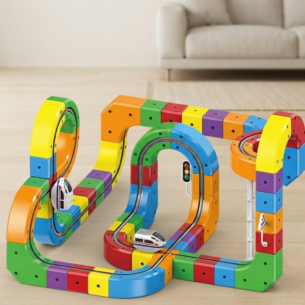 Magnetic cube train track assembled into a large loop