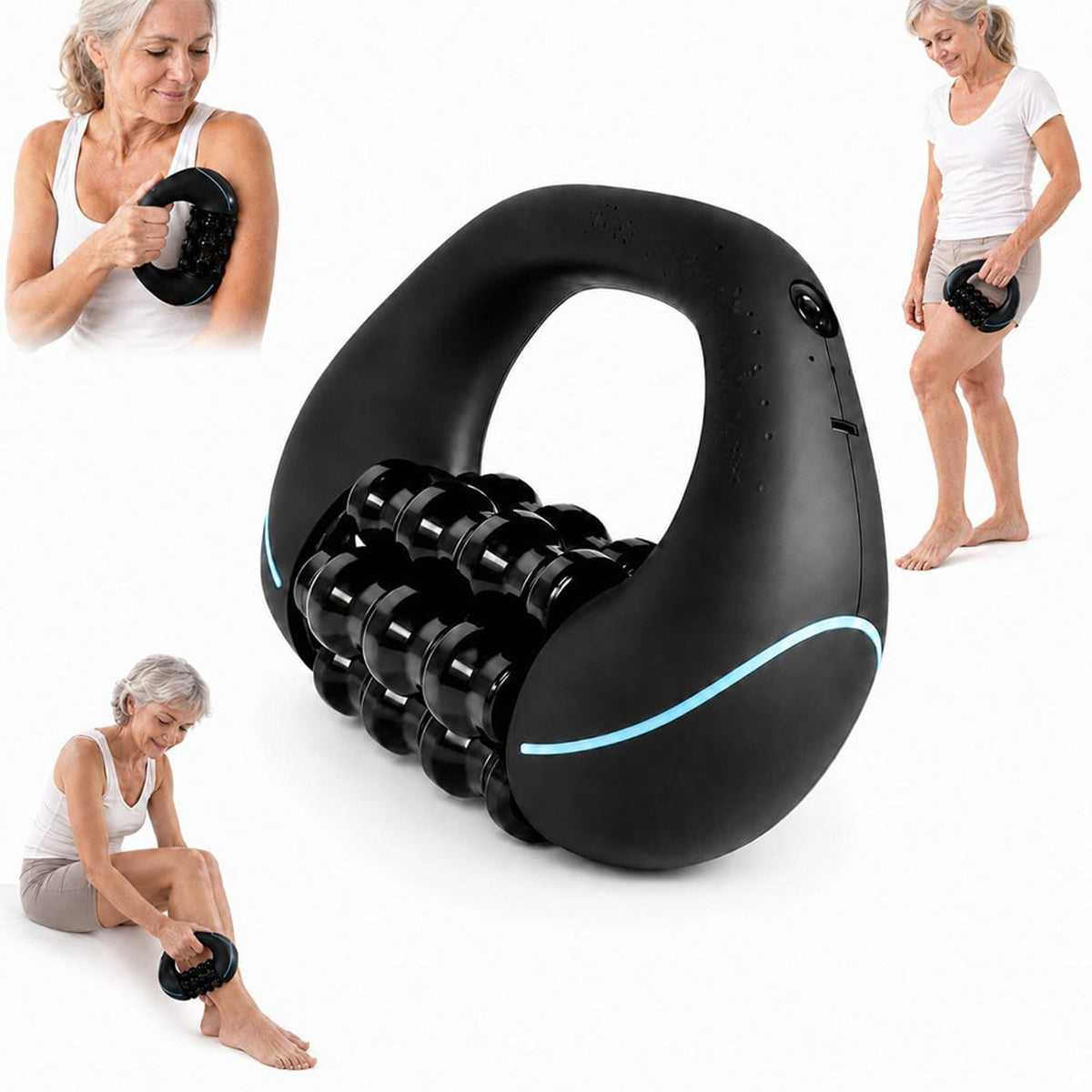 Black loop-handle massager with textured rollers and usage examples