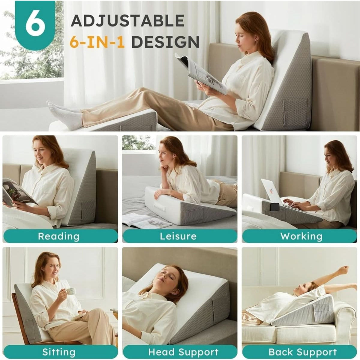 Six illustrated positions for using the wedge pillow