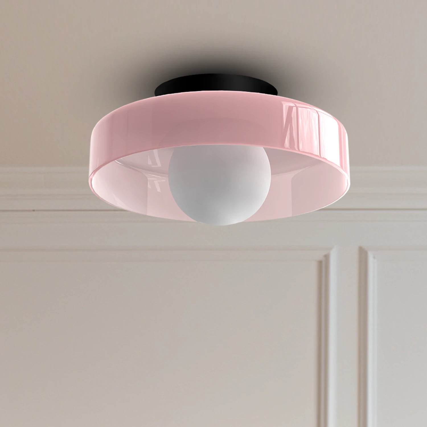 Minimalist modern flush mount ceiling light in olive green with a low-profile design for soft, glare-free illumination in bedrooms and hallways.