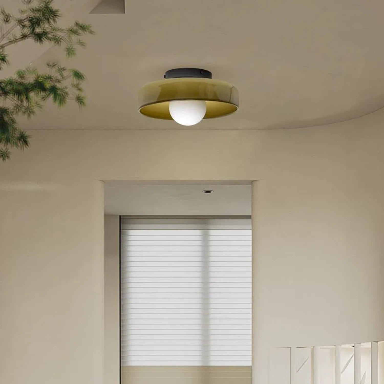 Minimalist modern flush mount ceiling light in olive green with a low-profile design for soft, glare-free illumination in bedrooms and hallways.