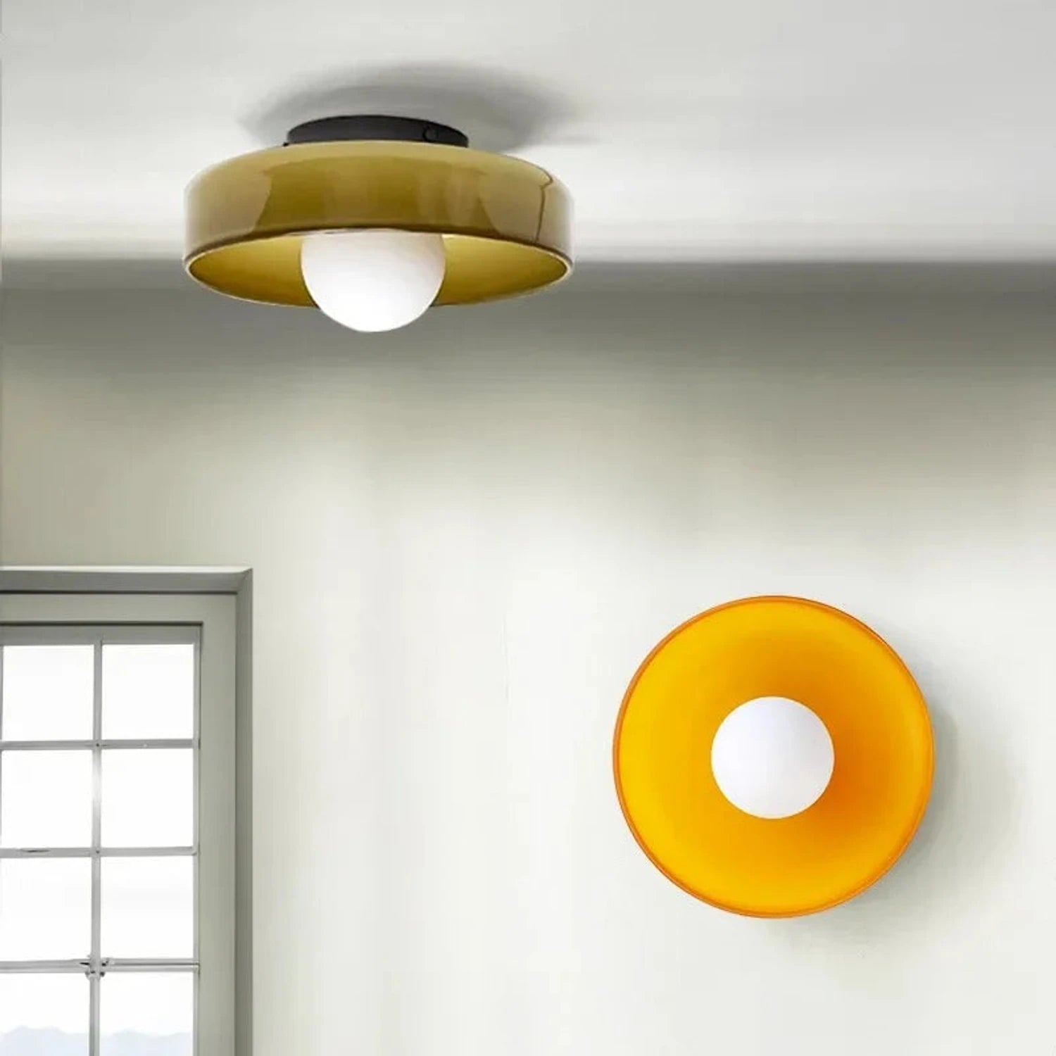 Minimalist modern flush mount ceiling light in olive green with a low-profile design for soft, glare-free illumination in bedrooms and hallways.