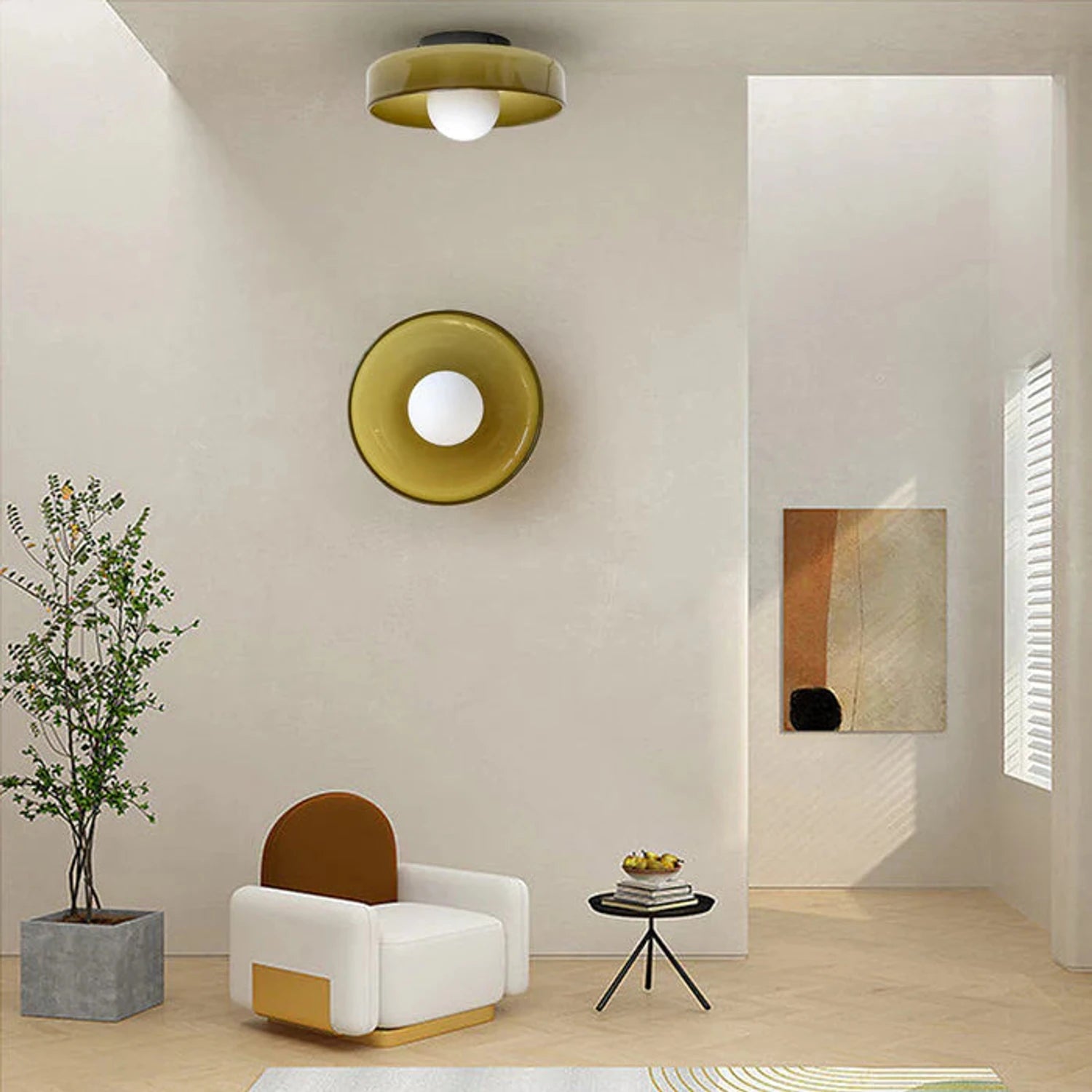 Minimalist modern flush mount ceiling light in olive green with a low-profile silhouette for soft, diffused lighting in bedrooms and hallways.