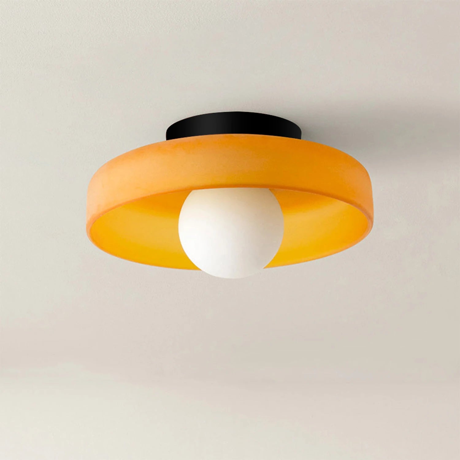 Minimalist modern flush mount ceiling light in olive green with a low-profile design for soft, glare-free illumination in bedrooms and hallways.