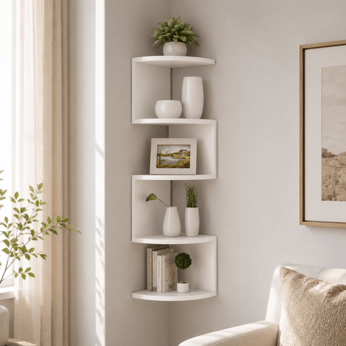 White five-tier wall shelf fitted around a room corner