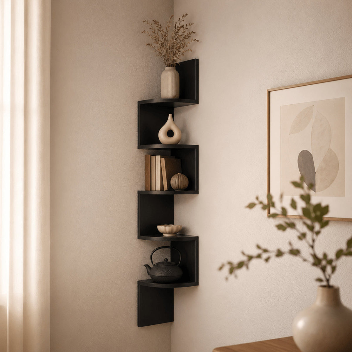 Black painted five-tier corner shelf
