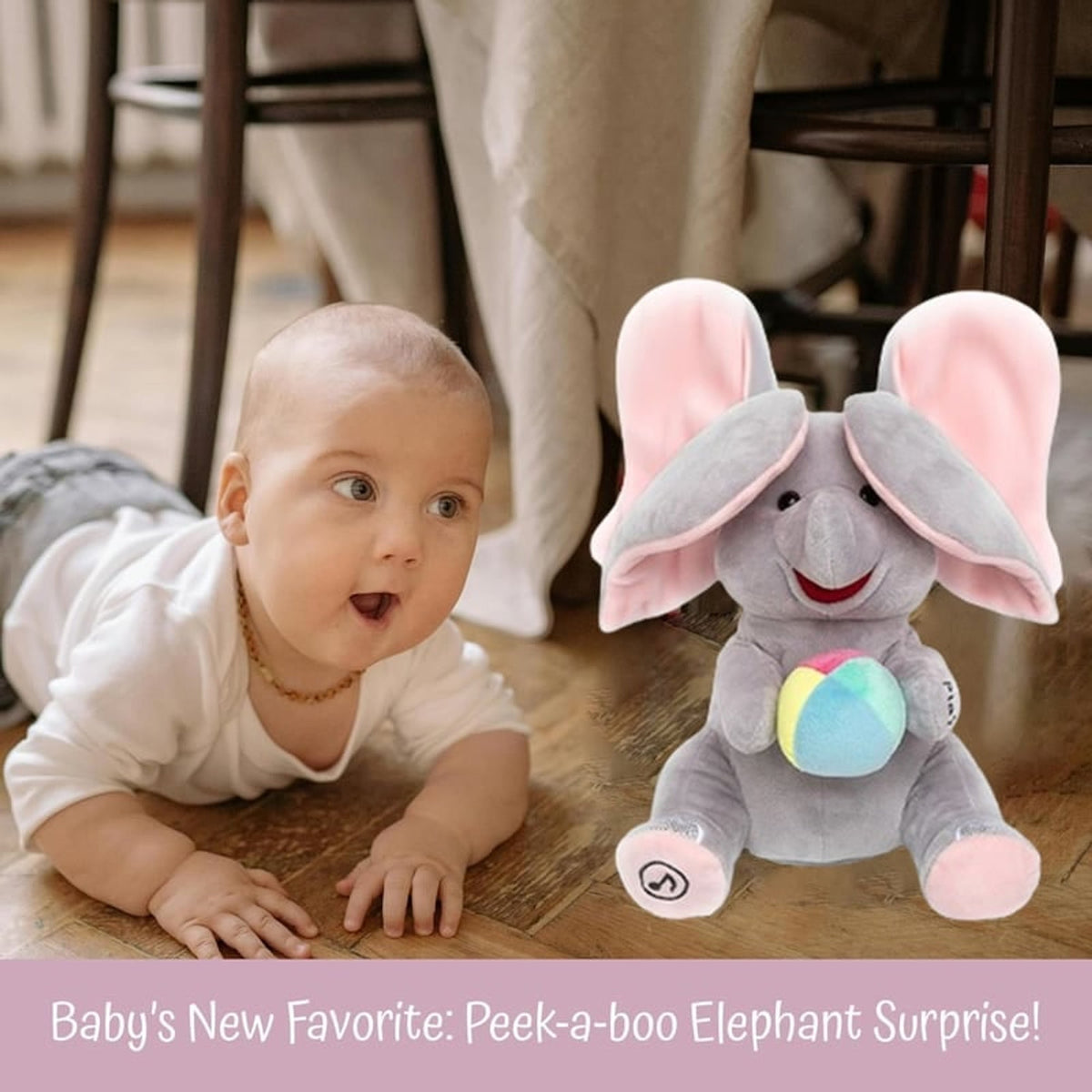 Grey elephant plush with coloured fabric ball detail