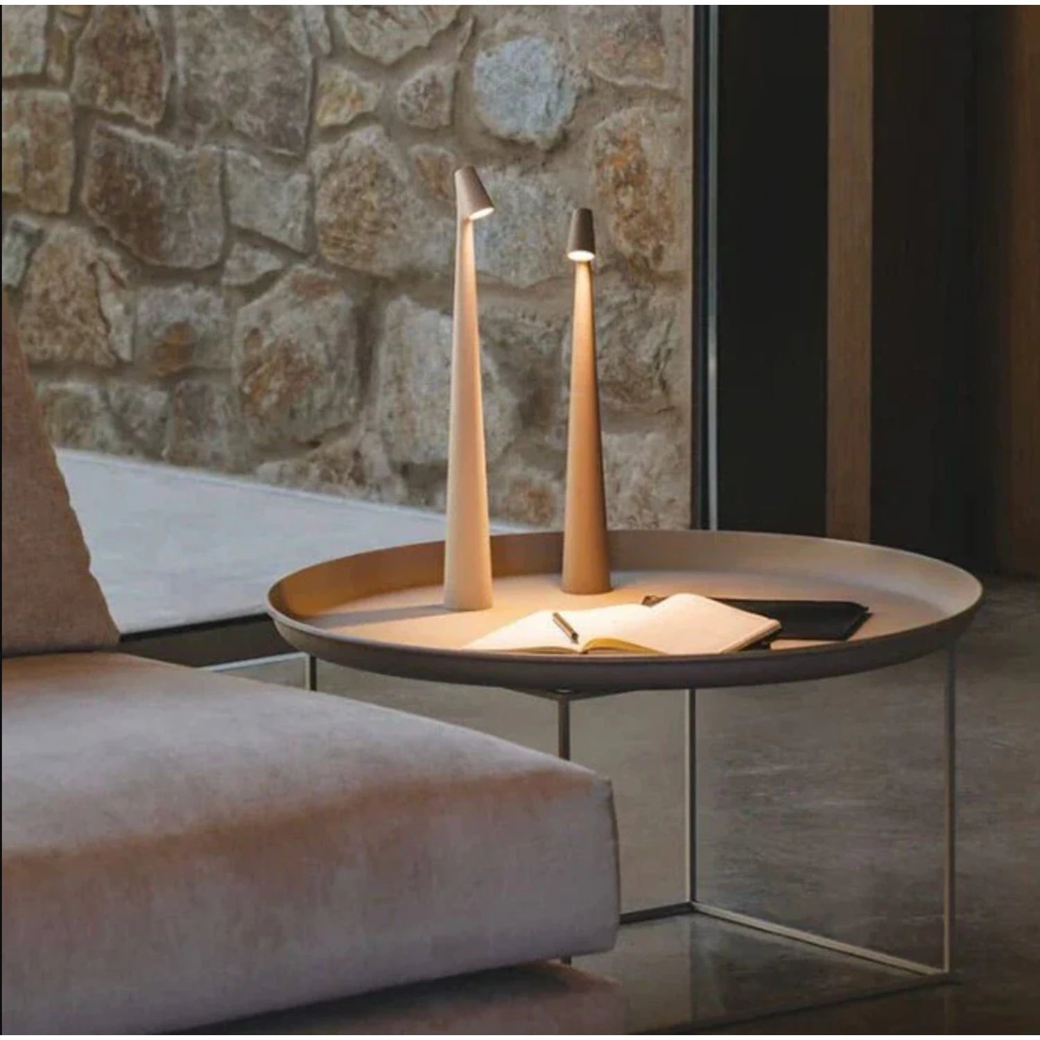 Minimalist Nordic cordless aluminium LED table lamp with touch-dimmable light, available in multiple colours and sizes for modern bedside or desk use.
