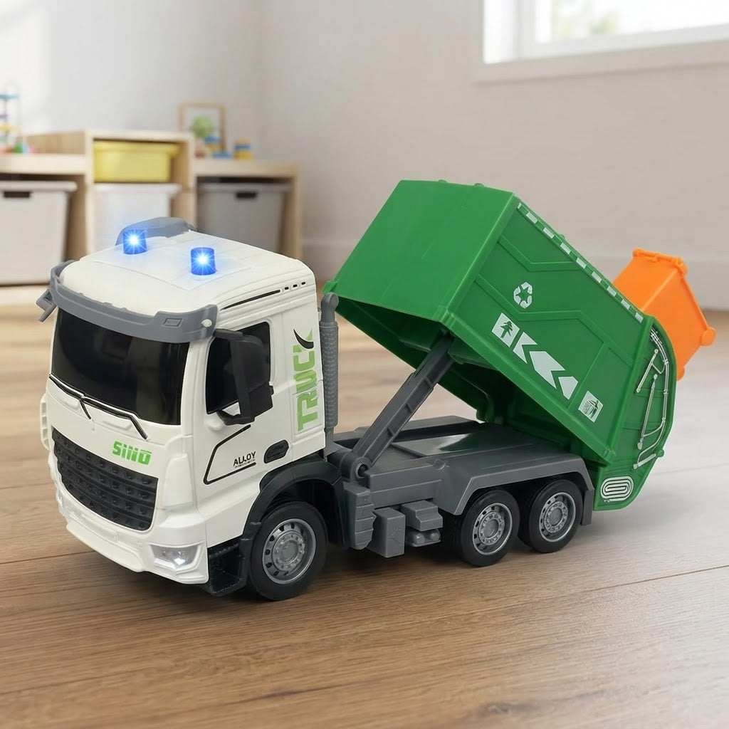 Toy rubbish truck with its rear loading body raised