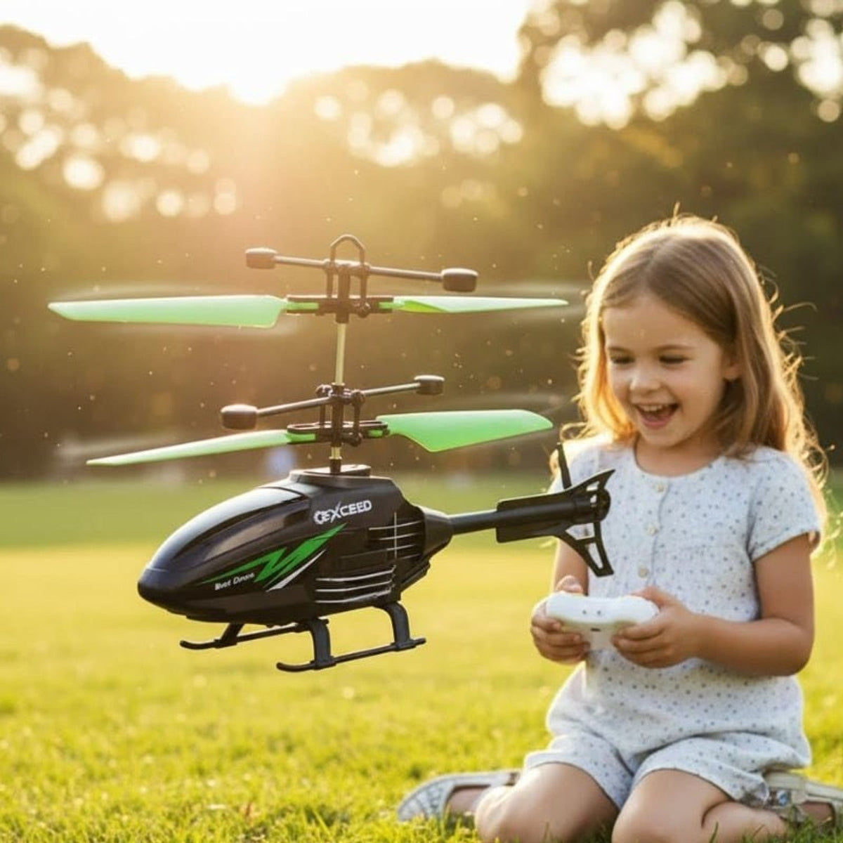 Green-rotor RC helicopter with a child and controller