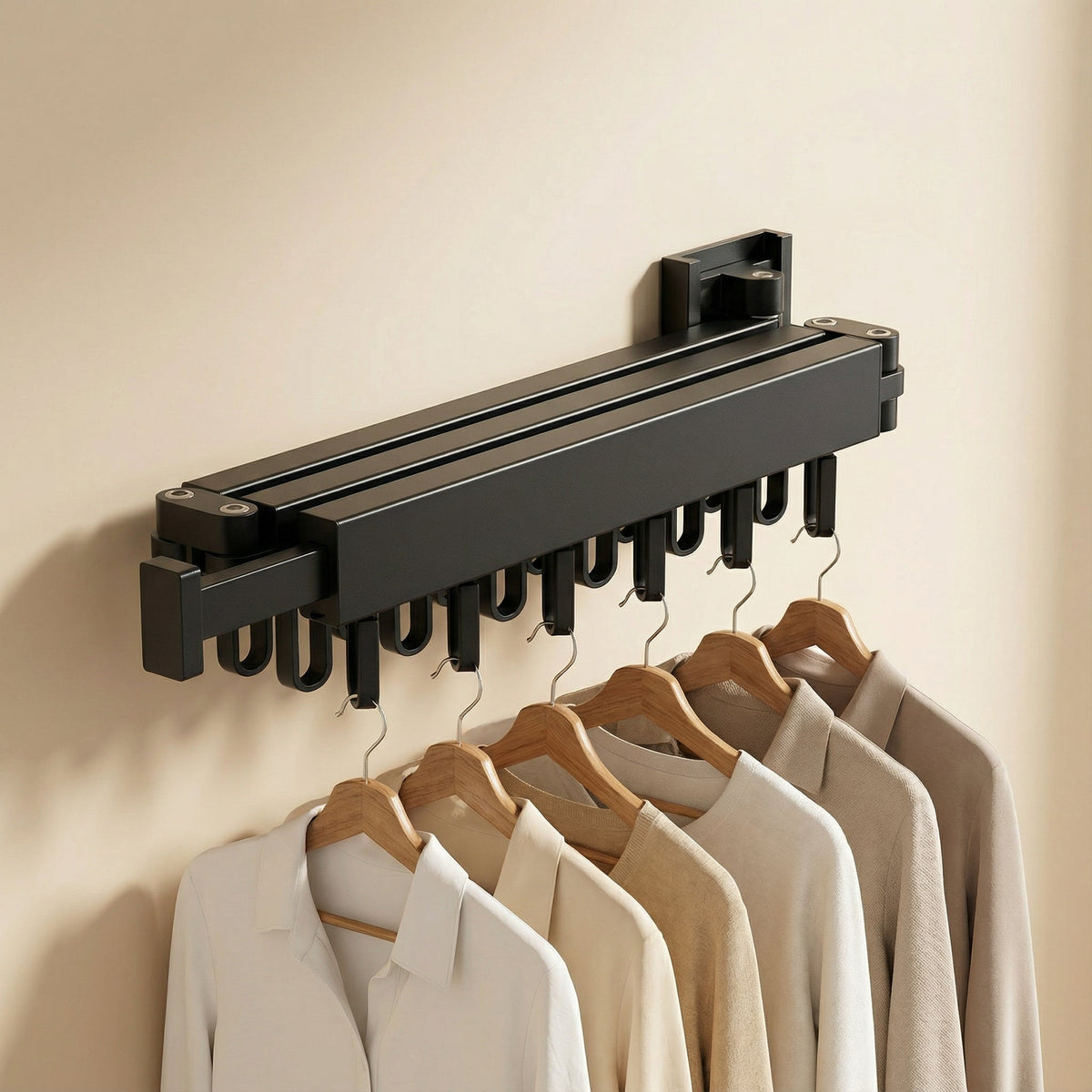 Black three-section drying rack folded against its bracket