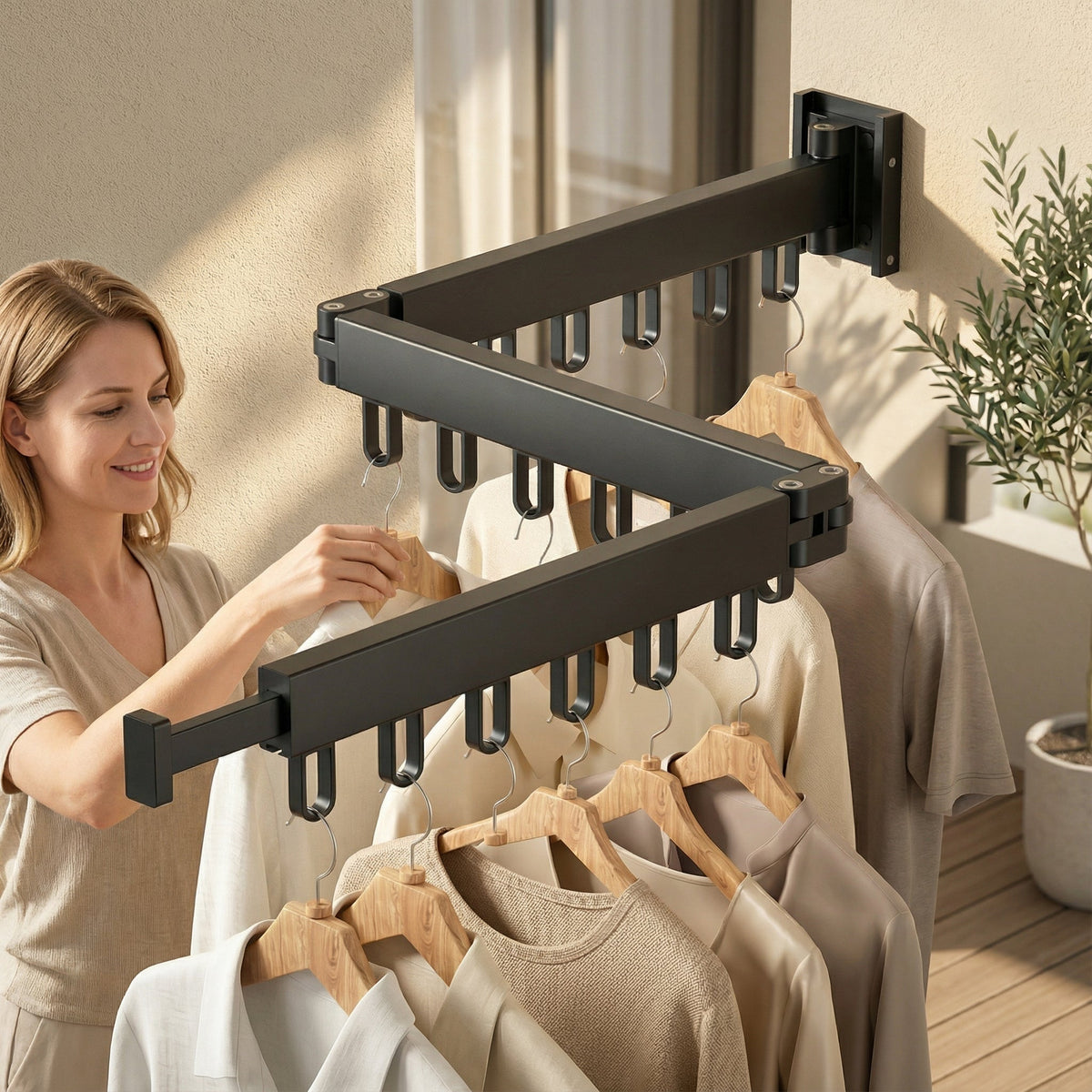 Black three-section wall airer holding laundry