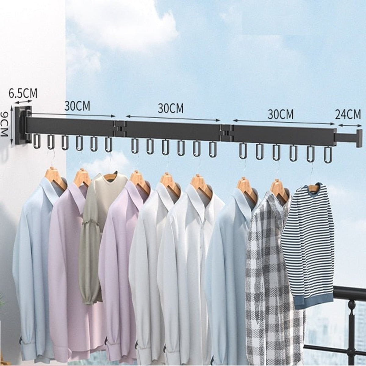 Drying rack diagram with 30 cm sections and 24 cm extension